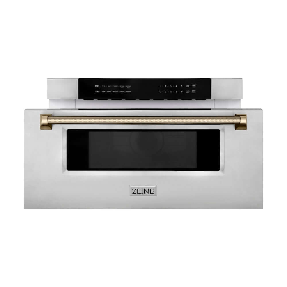 ZLINE Autograph Edition 30 in. 1.2 cu. ft. Built-in Microwave Drawer in Stainless Steel and Champagne Bronze Helix Handle (MWDZ-30-KCB) front.