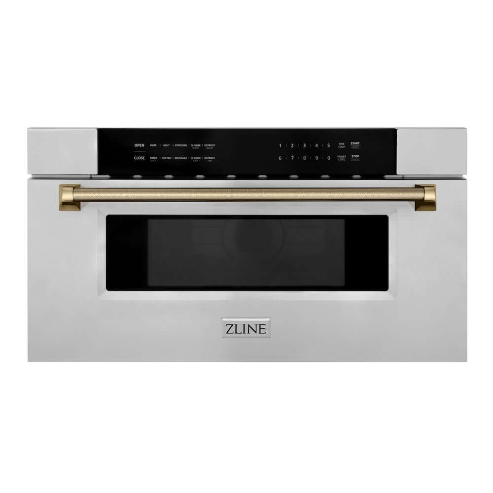 ZLINE Autograph Edition 30 in. 1.2 cu. ft. Built-in Microwave Drawer in Stainless Steel and Champagne Bronze Helix Handle (MWDZ-30-KCB) front.