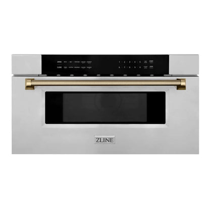 ZLINE Autograph Edition 30 in. 1.2 cu. ft. Built-in Microwave Drawer in Stainless Steel and Champagne Bronze Helix Handle (MWDZ-30-KCB) front.