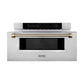 ZLINE Autograph Edition 30 in. 1.2 cu. ft. Built-in Microwave Drawer in Stainless Steel and Polished Gold Helix Handle (MWDZ-30-KG) front.