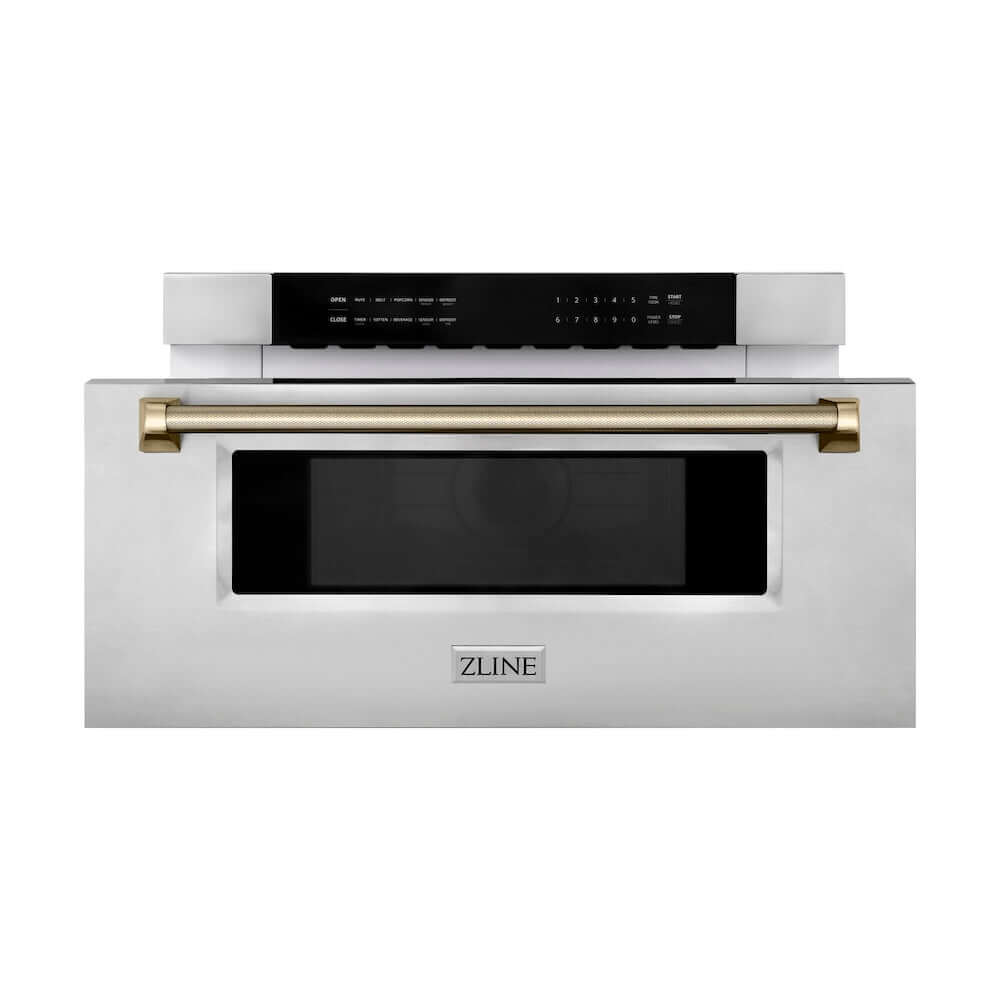 ZLINE Autograph Edition 30 in. 1.2 cu. ft. Built-in Microwave Drawer in Stainless Steel and Polished Gold Helix Handle (MWDZ-30-KG) front.