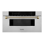 ZLINE Autograph Edition 30 in. 1.2 cu. ft. Built-in Microwave Drawer in Stainless Steel and Polished Gold Helix Handle (MWDZ-30-KG) front.