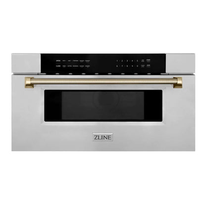 ZLINE Autograph Edition 30 in. 1.2 cu. ft. Built-in Microwave Drawer in Stainless Steel and Polished Gold Helix Handle (MWDZ-30-KG) front.