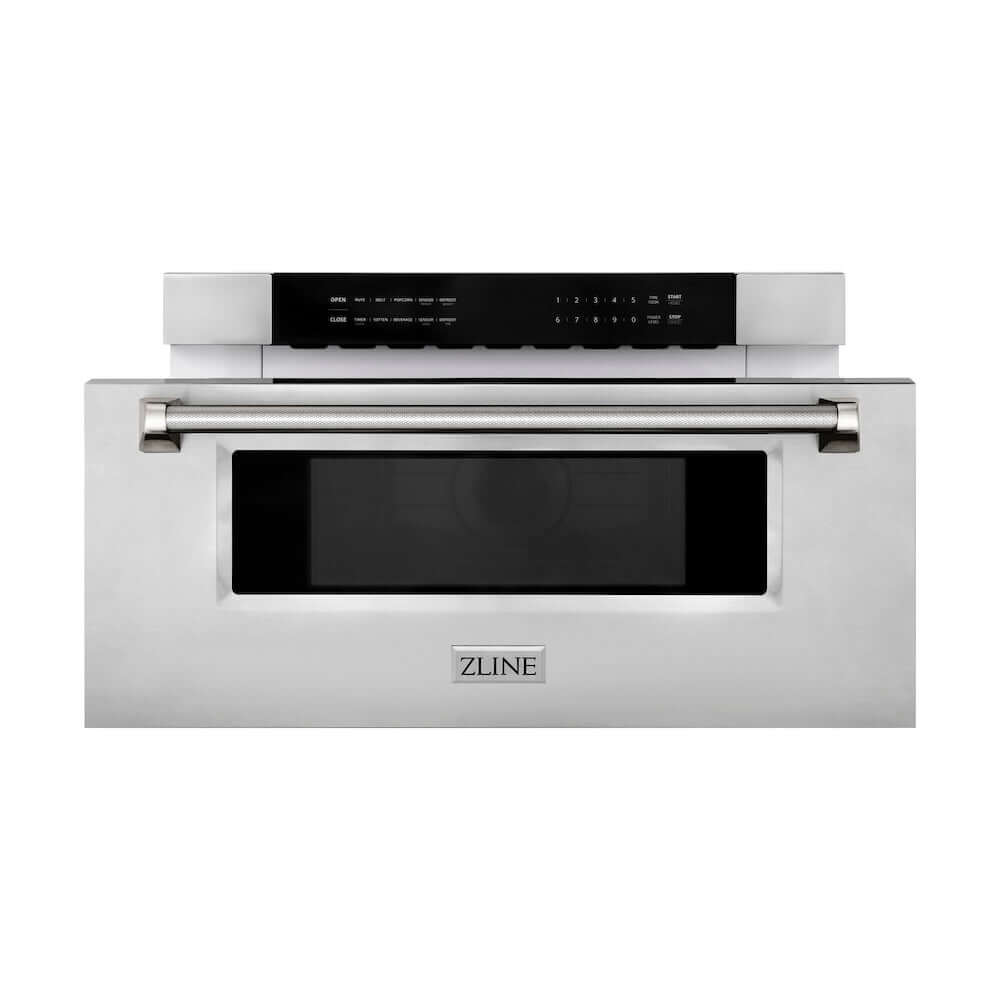 ZLINE Autograph Edition 30 in. 1.2 cu. ft. Built-in Microwave Drawer in Stainless Steel and Polished Nickel Helix Handle (MWDZ-30-KPN) front.
