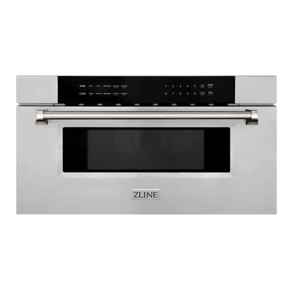 ZLINE Autograph Edition 30 in. 1.2 cu. ft. Built-in Microwave Drawer in Stainless Steel and Polished Nickel Helix Handle (MWDZ-30-KPN) front.