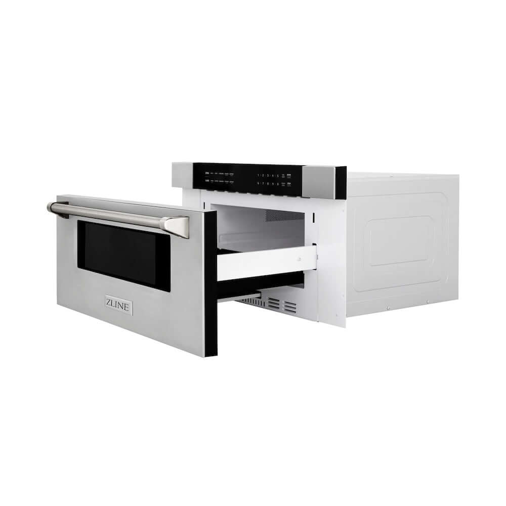 ZLINE Autograph Edition 30 in. 1.2 cu. ft. Built-in Microwave Drawer in Stainless Steel and Polished Nickel Helix Handle (MWDZ-30-KPN) side.