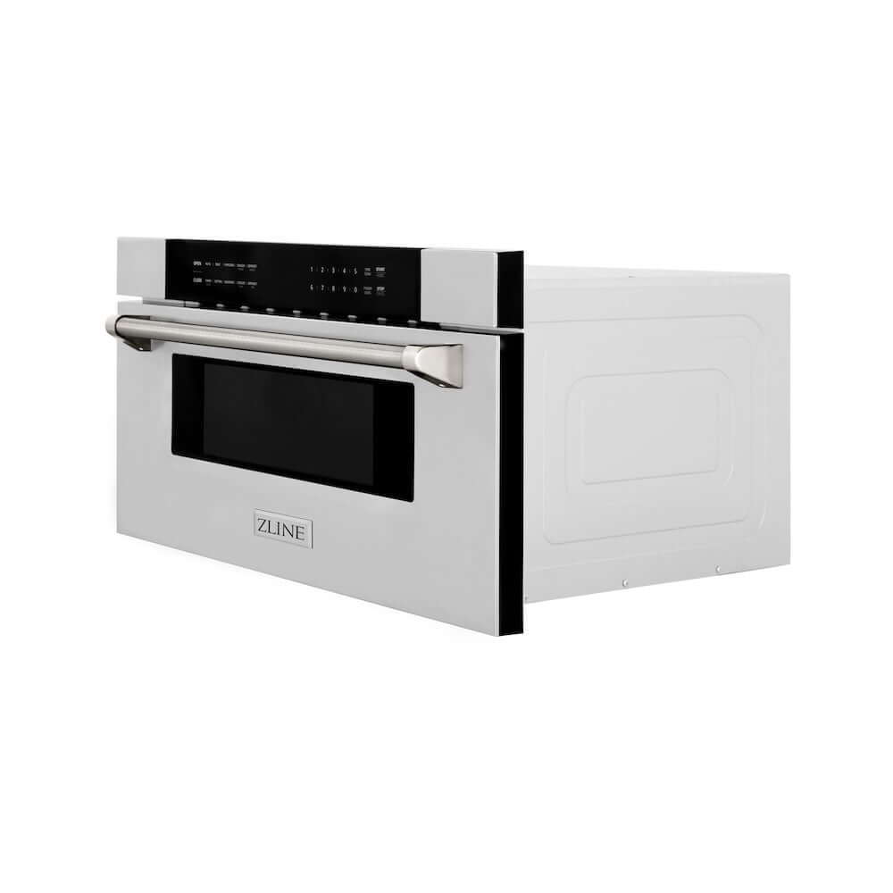 ZLINE Autograph Edition 30 in. 1.2 cu. ft. Built-in Microwave Drawer in Stainless Steel and Polished Nickel Helix Handle (MWDZ-30-KPN) side.
