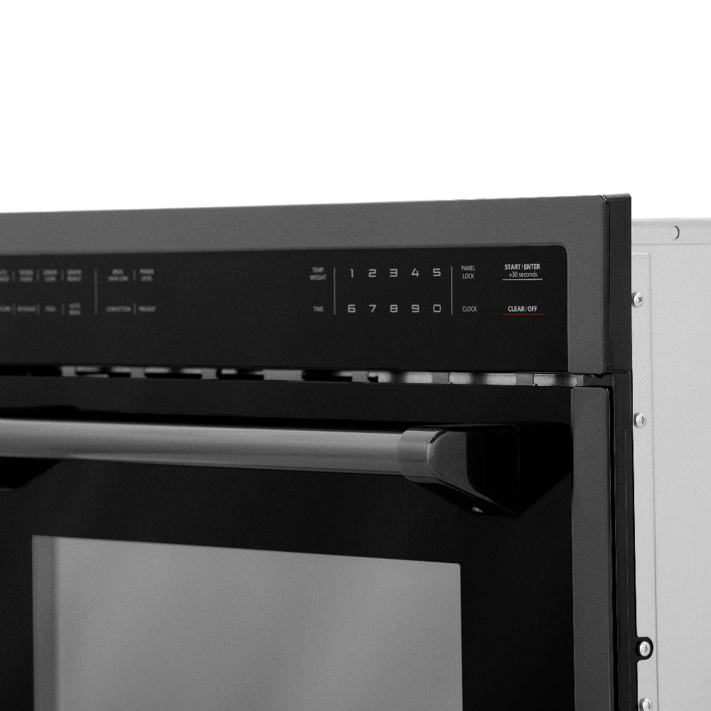 ZLINE 24 in. Black Stainless Steel Built-in Convection Microwave Oven with Speed and Sensor Cooking (MWO-24-BS) digital control panel and handle.