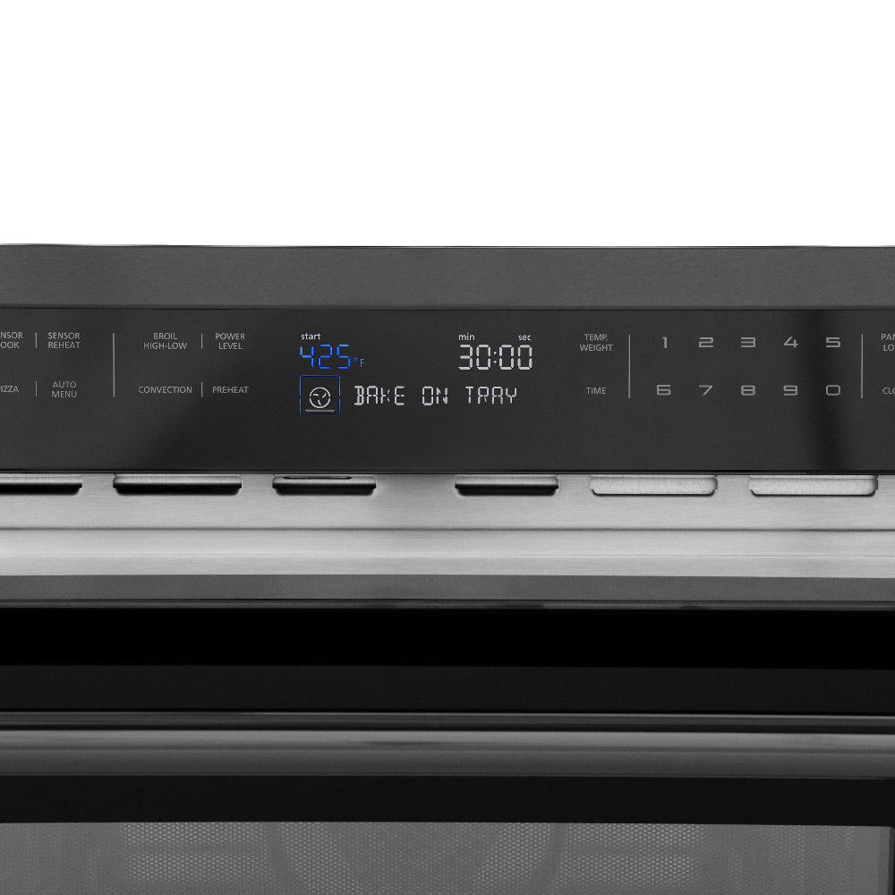ZLINE 24 in. Black Stainless Steel Built-in Convection Microwave Oven with Speed and Sensor Cooking (MWO-24-BS) digital display on a white background