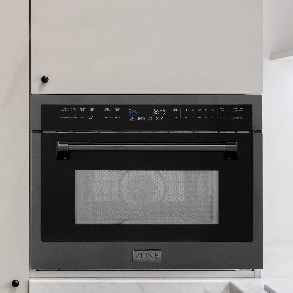 ZLINE 24 in. Black Stainless Steel Built-in Convection Microwave Oven with Speed and Sensor Cooking (MWO-24-BS) in a kitchen with beige cabinets.