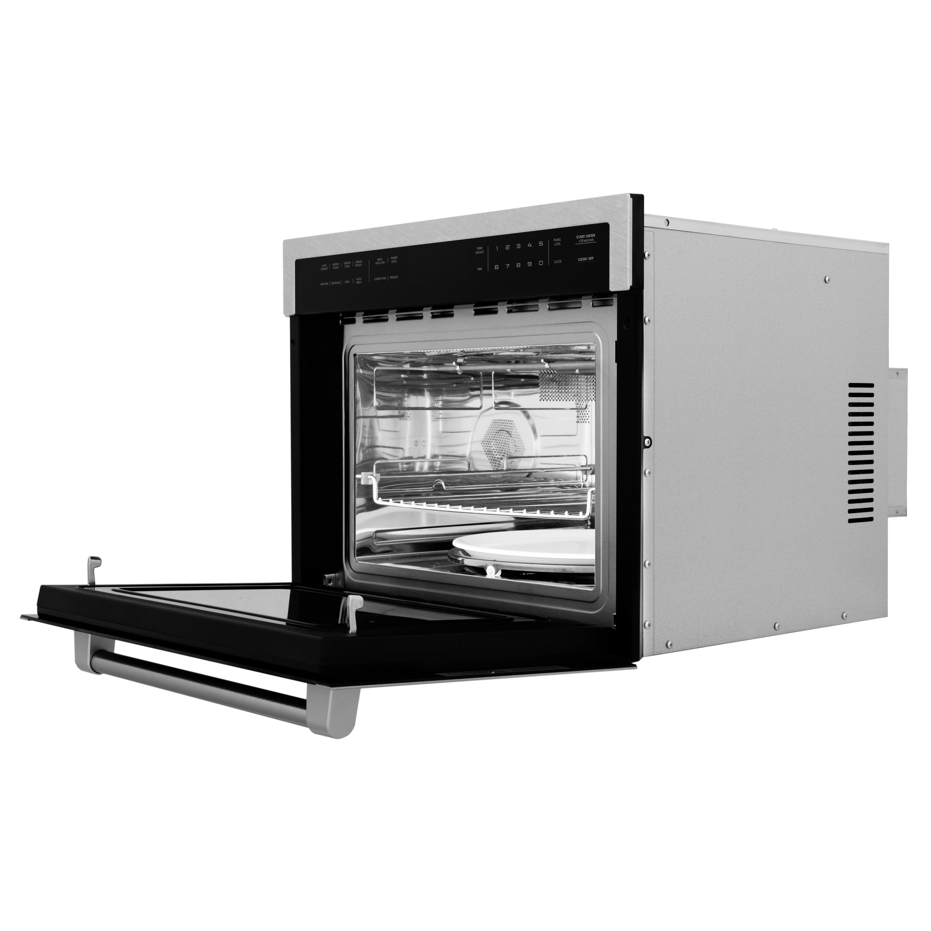 ZLINE 24 in. Built-in Convection Microwave Oven in Fingerprint Resistant DuraSnow Stainless Steel (MWO-24-SS) Side View Door Open