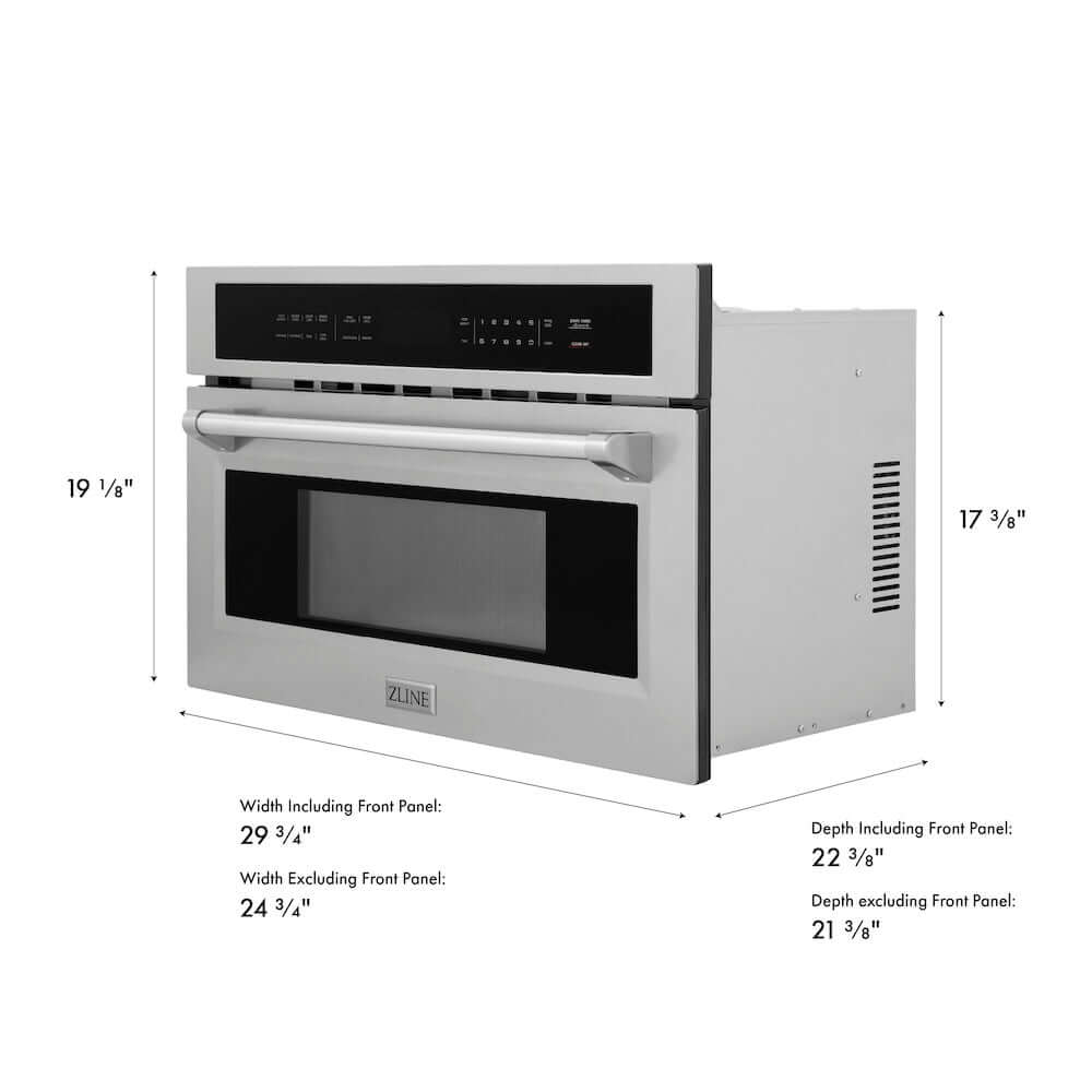 ZLINE 30 in. 1.6 cu ft. Built-in Convection Microwave Oven in Stainless Steel with Speed and Sensor Cooking, Open Box-Excellent Condition dimensional diagram.