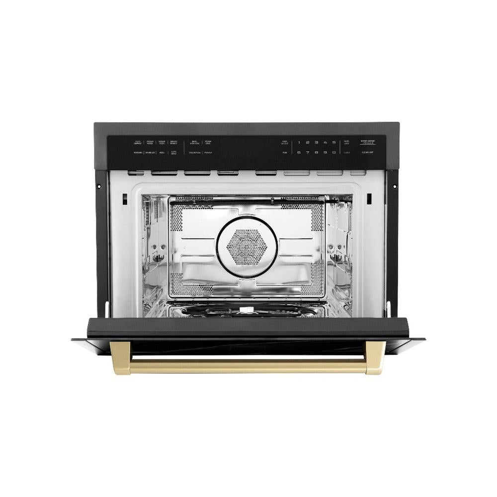 ZLINE Autograph Edition 24 in. 1.6 cu ft. Built-in Convection Microwave Oven in Black Stainless Steel with Champagne Bronze Accents (MWOZ-24-BS-CB) front, open.