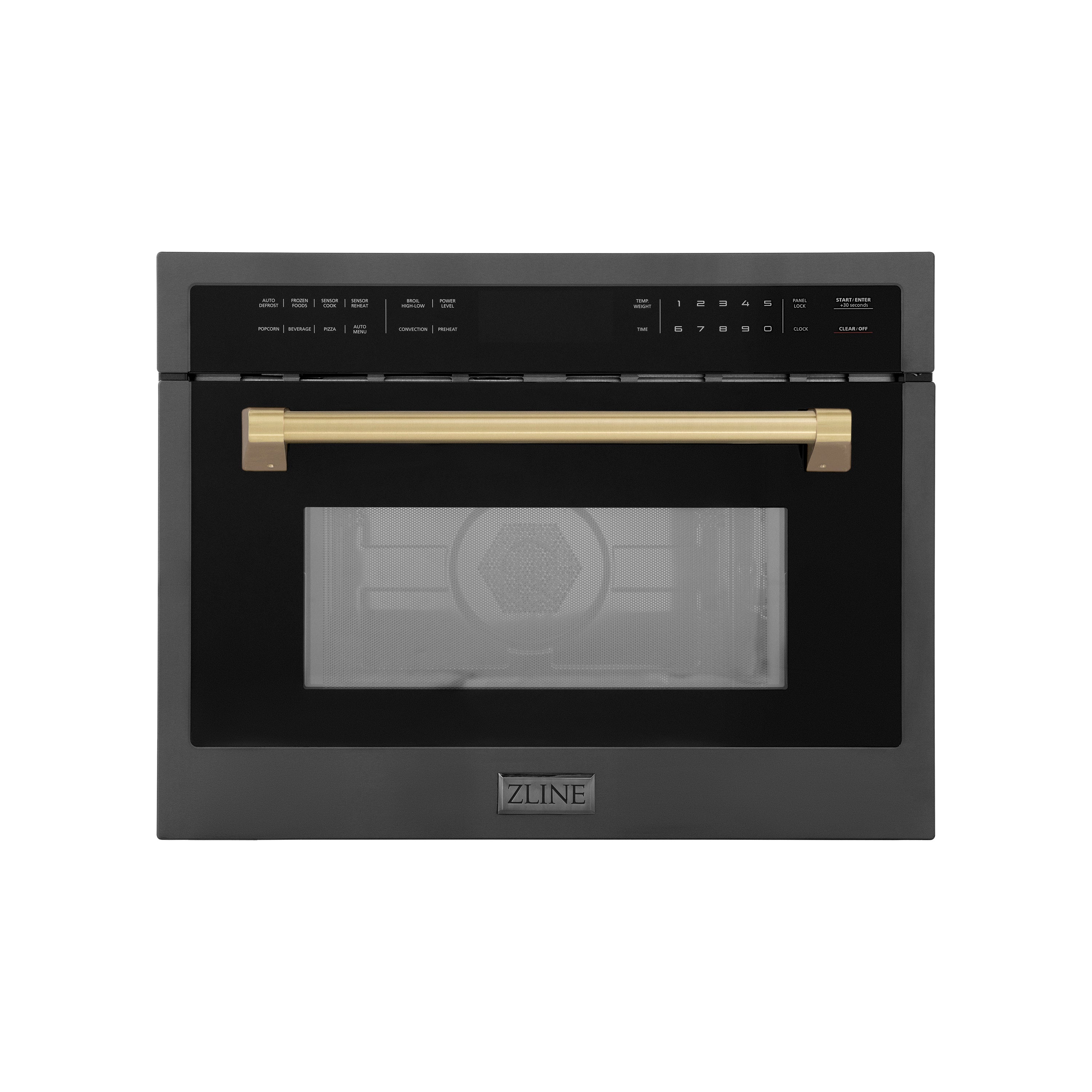 ZLINE Autograph Edition 24 in. 1.6 cu ft. Built-in Convection Microwave Oven in Black Stainless Steel with Champagne Bronze Accents (MWOZ-24-BS-CB) Front View Door Closed