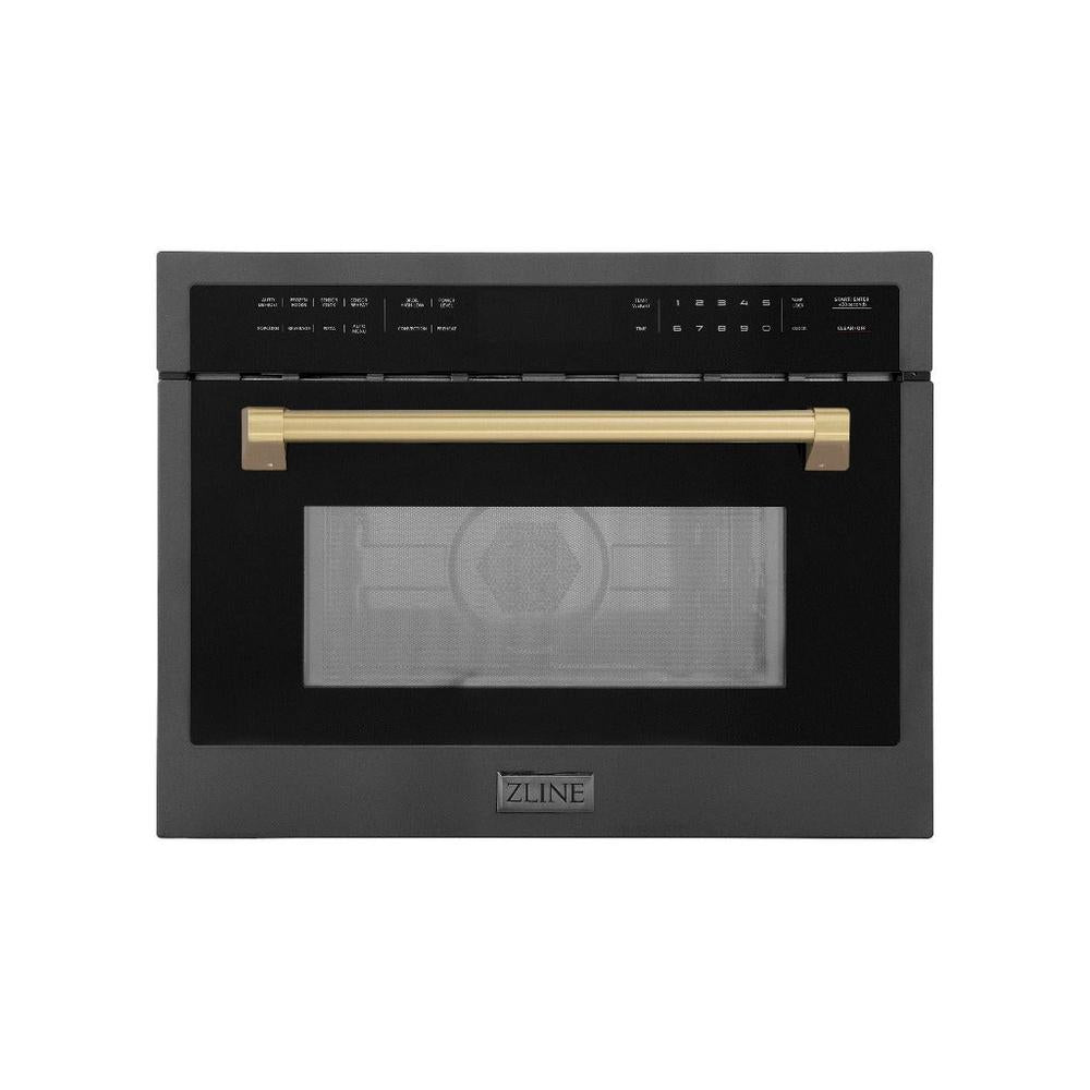 ZLINE Autograph Edition 24 in. 1.6 cu ft. Built-in Convection Microwave Oven in Black Stainless Steel with Champagne Bronze Accents (MWOZ-24-BS-CB) front, closed.