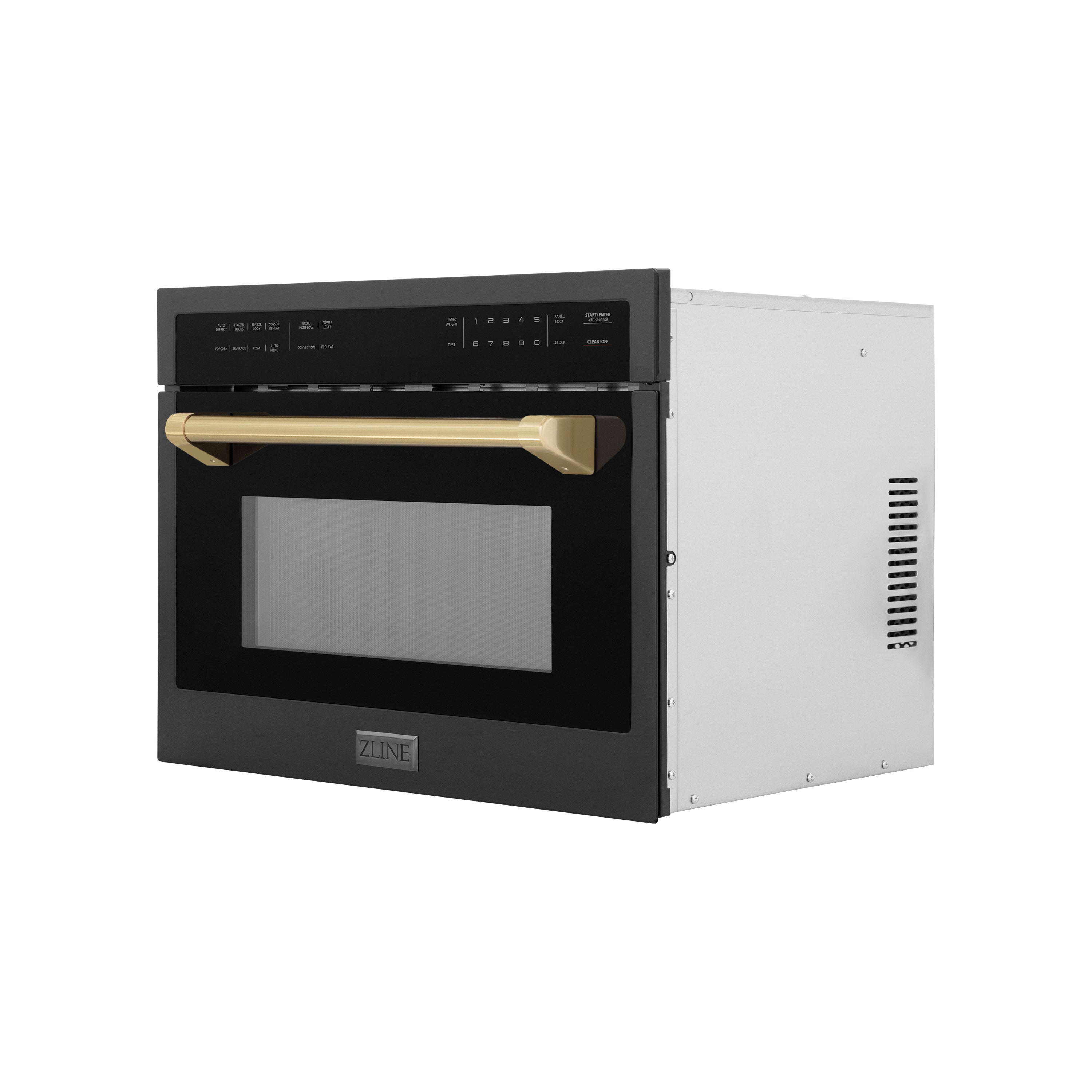 ZLINE Autograph Edition 24 in. 1.6 cu ft. Built-in Convection Microwave Oven in Black Stainless Steel with Champagne Bronze Accents (MWOZ-24-BS-CB) Side View Door Closed
