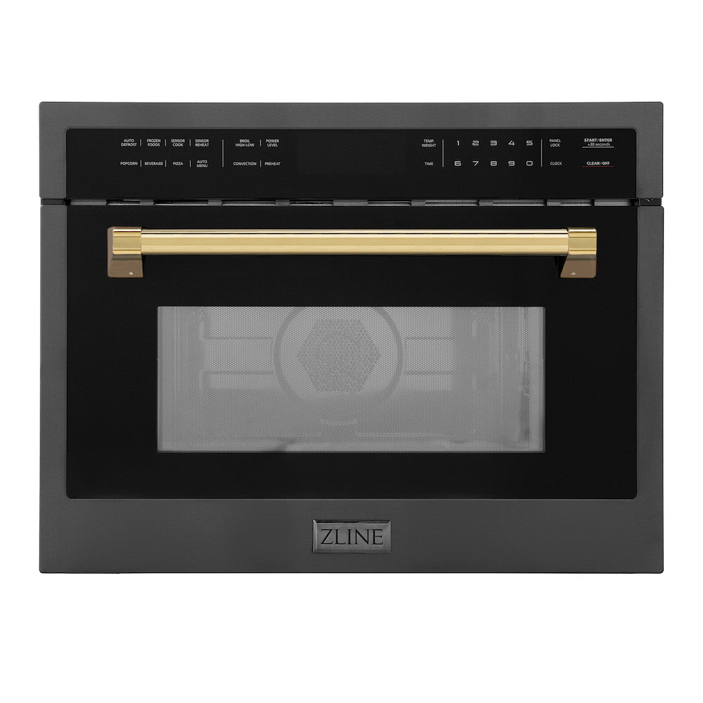 ZLINE Autograph Edition 24 in. 1.6 cu ft. Built-in Convection Microwave Oven in Black Stainless Steel with Polished Gold Accents (MWOZ-24-BS-G) main image.