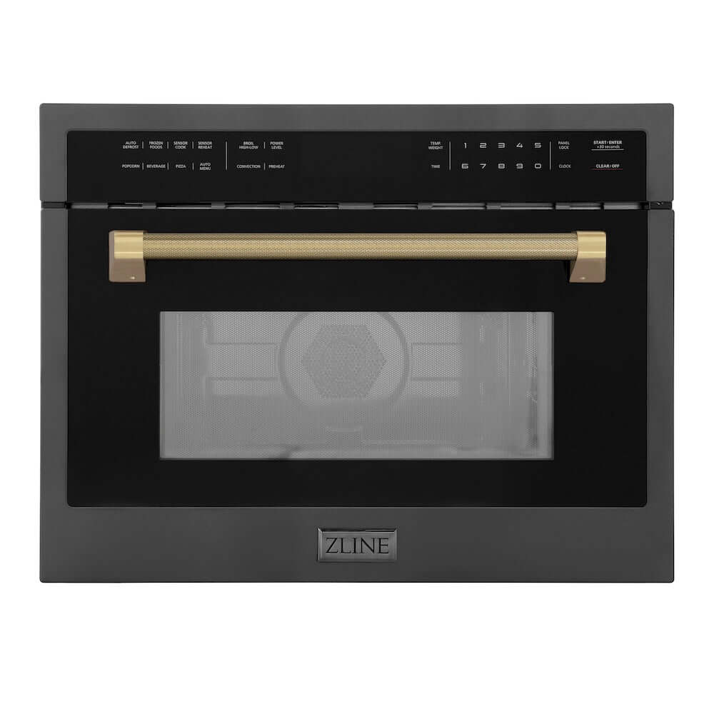 ZLINE Autograph Edition 24 in. 1.6 cu ft. Built-in Convection Microwave Oven in Black Stainless Steel and Champagne Bronze Helix Handle (MWOZ-24-BS-KCB)