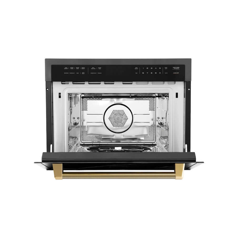 ZLINE Autograph Edition 24 in. 1.6 cu ft. Built-in Convection Microwave Oven in Black Stainless Steel and Polished Gold Helix Handle (MWOZ-24-BS-KG) front, open.