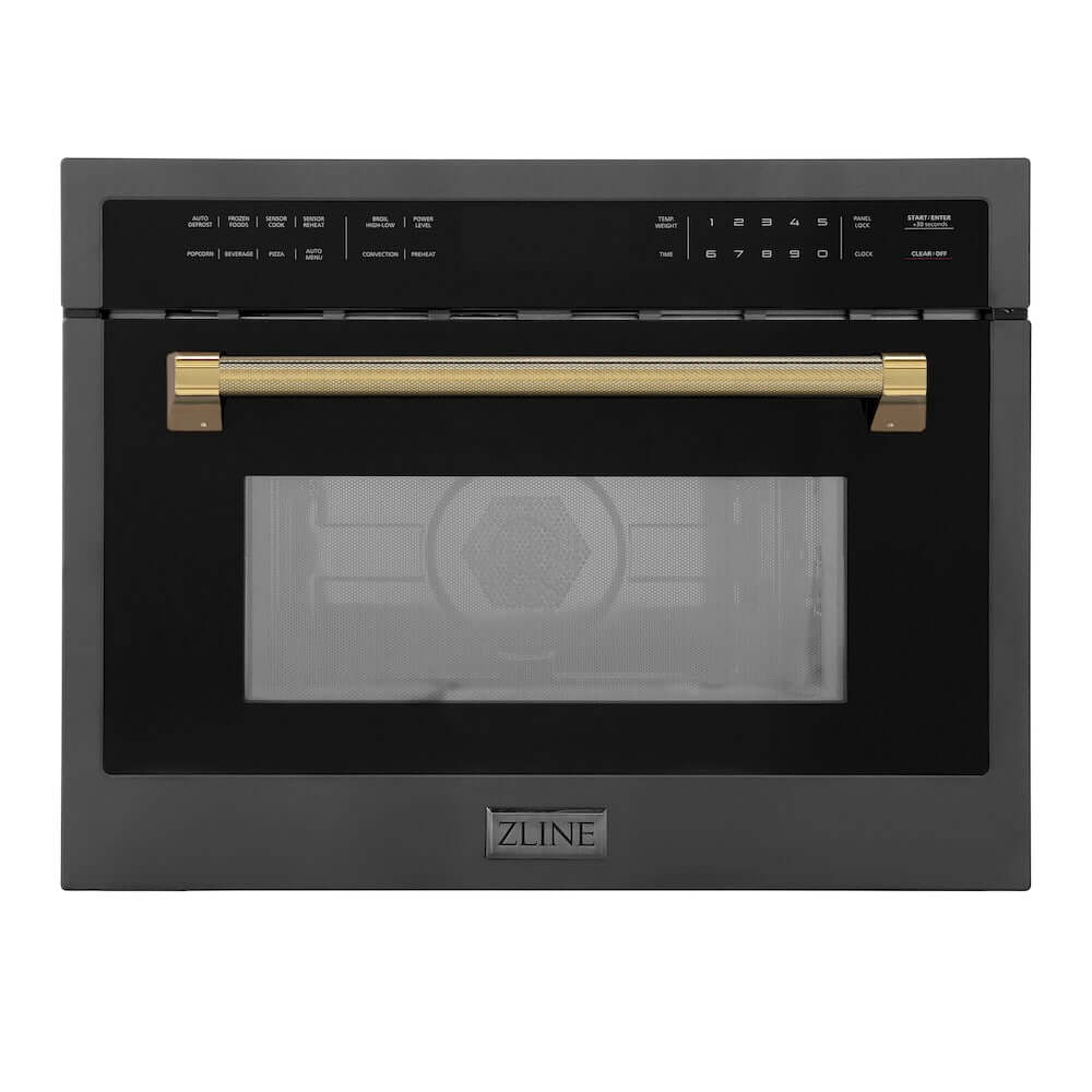 ZLINE Autograph Edition 24 in. 1.6 cu ft. Built-in Convection Microwave Oven in Black Stainless Steel and Polished Gold Helix Handle (MWOZ-24-BS-KG) main image.