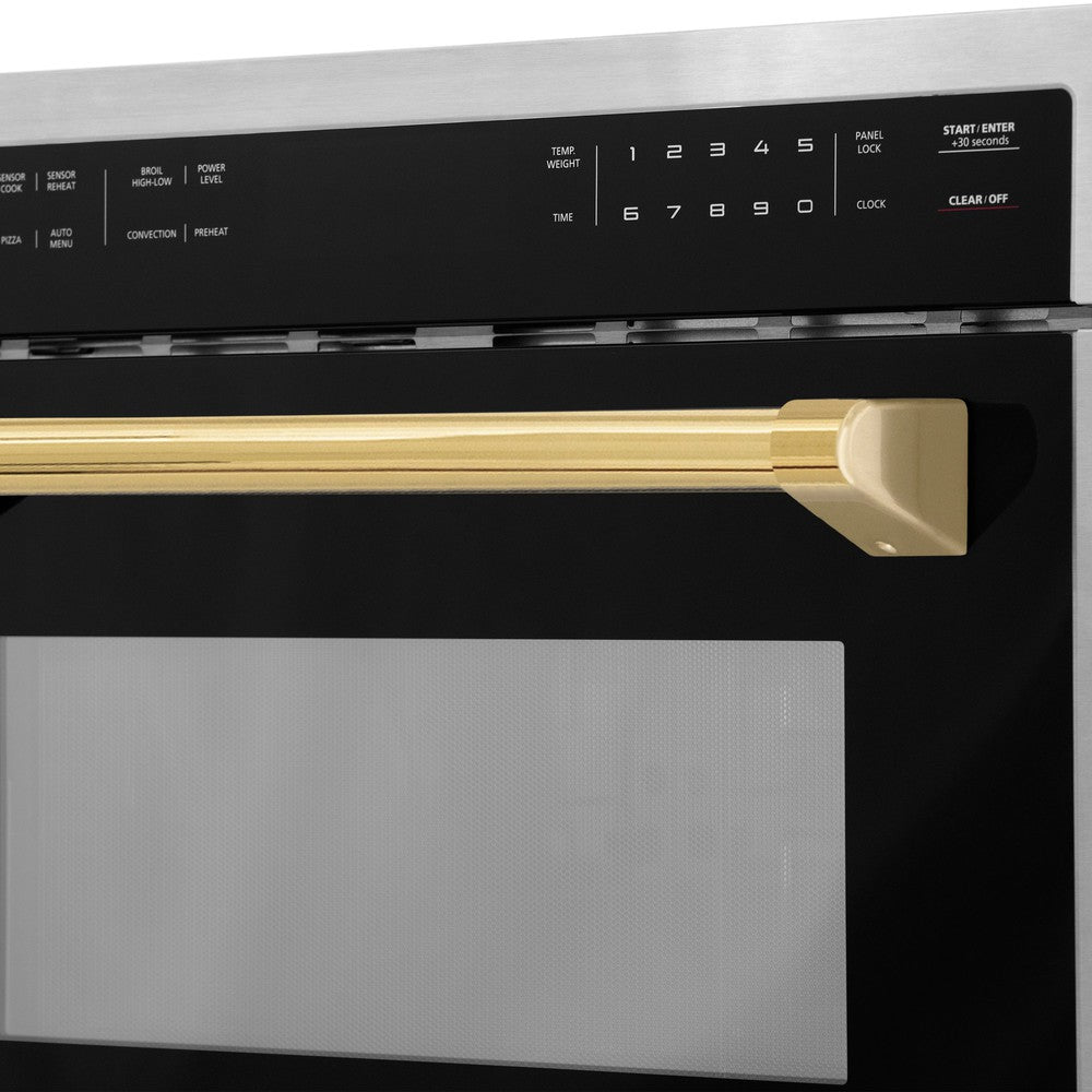 ZLINE Autograph Edition 24 in. 1.6 cu ft. Built-in Convection Microwave Oven in Stainless Steel with Polished Gold Accents (MWOZ-24-G) handle and controls