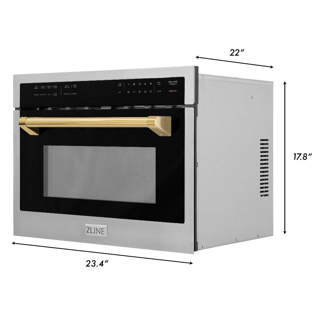 ZLINE Autograph Edition 24 in. 1.6 cu ft. Built-in Convection Microwave Oven in Stainless Steel with Polished Gold Accents (MWOZ-24-G) dimensional diagram with measurements.