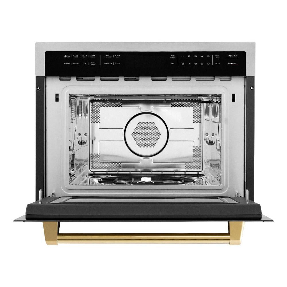 ZLINE Autograph Edition 24 in. 1.6 cu ft. Built-in Convection Microwave Oven in Stainless Steel with Polished Gold Accents (MWOZ-24-G) front, open.