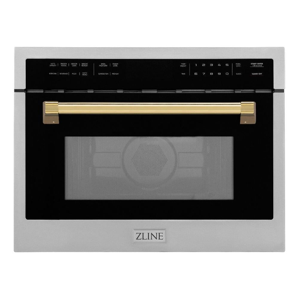 ZLINE Autograph Edition 24 in. 1.6 cu ft. Built-in Convection Microwave Oven in Stainless Steel with Polished Gold Accents (MWOZ-24-G) main image.