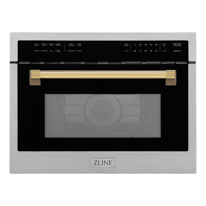 ZLINE Autograph Edition 24 in. 1.6 cu ft. Built-in Convection Microwave Oven in Stainless Steel with Polished Gold Accents (MWOZ-24-G) front, closed.