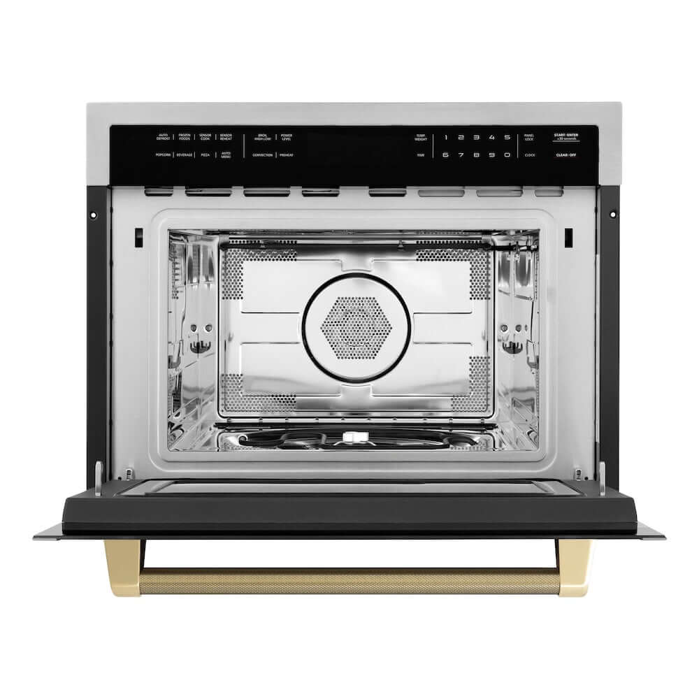 ZLINE Autograph Edition 24 in. 1.6 cu ft. Built-in Convection Microwave Oven in Stainless Steel and Champagne Bronze Helix Handle (MWOZ-24-KCB) front, open.