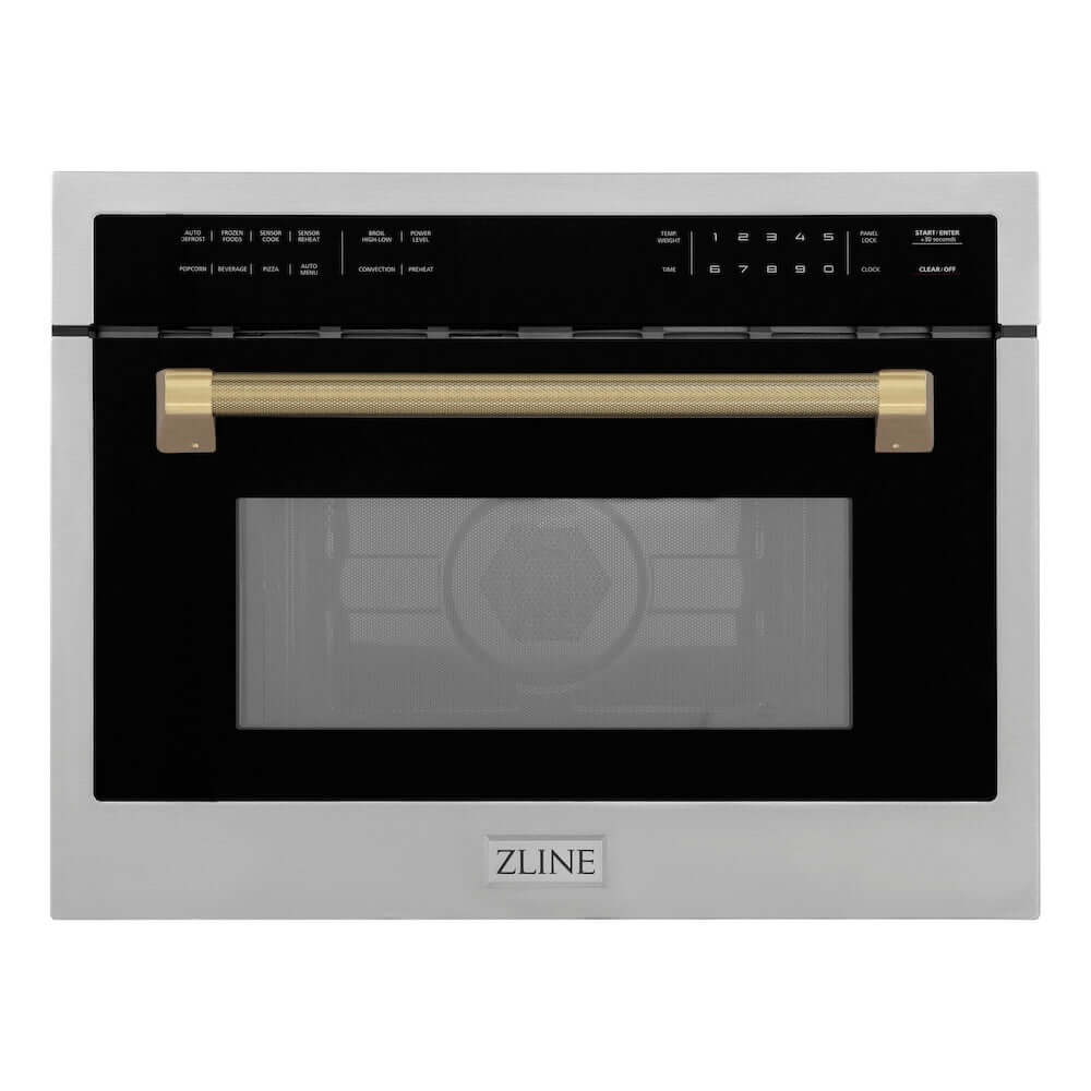 ZLINE Autograph Edition 24 in. 1.6 cu ft. Built-in Convection Microwave Oven in Stainless Steel and Champagne Bronze Helix Handle (MWOZ-24-KCB) front.