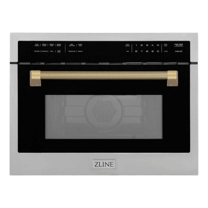 ZLINE Autograph Edition 24 in. 1.6 cu ft. Built-in Convection Microwave Oven in Stainless Steel and Champagne Bronze Helix Handle (MWOZ-24-KCB) front.