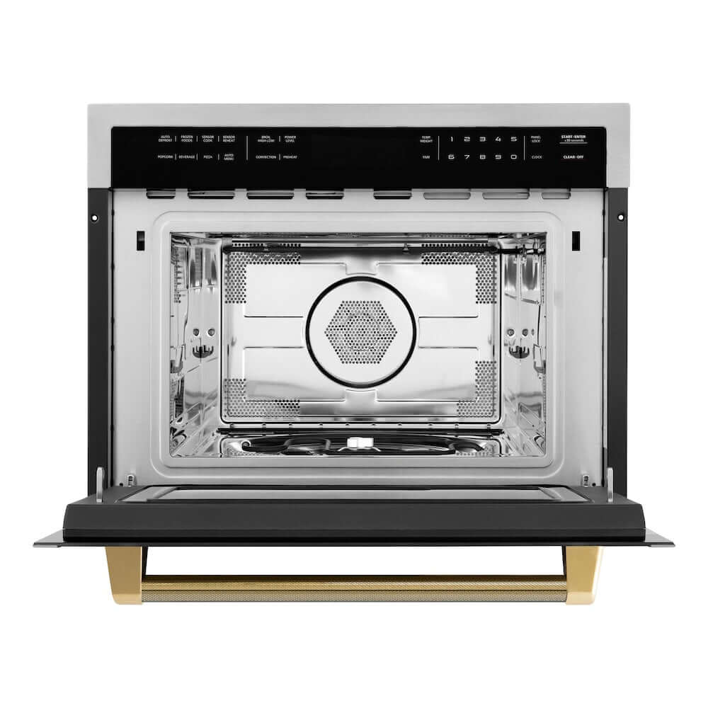 ZLINE Autograph Edition 24 in. 1.6 cu ft. Built-in Convection Microwave Oven in Stainless Steel and Polished Gold Helix Handle (MWOZ-24-KG) front, open.
