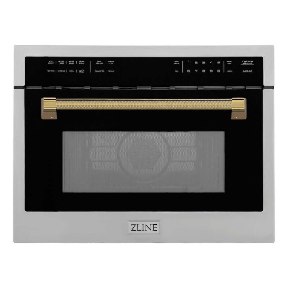 ZLINE Autograph Edition 24 in. 1.6 cu ft. Built-in Convection Microwave Oven in Stainless Steel and Polished Gold Helix Handle (MWOZ-24-KG) front.
