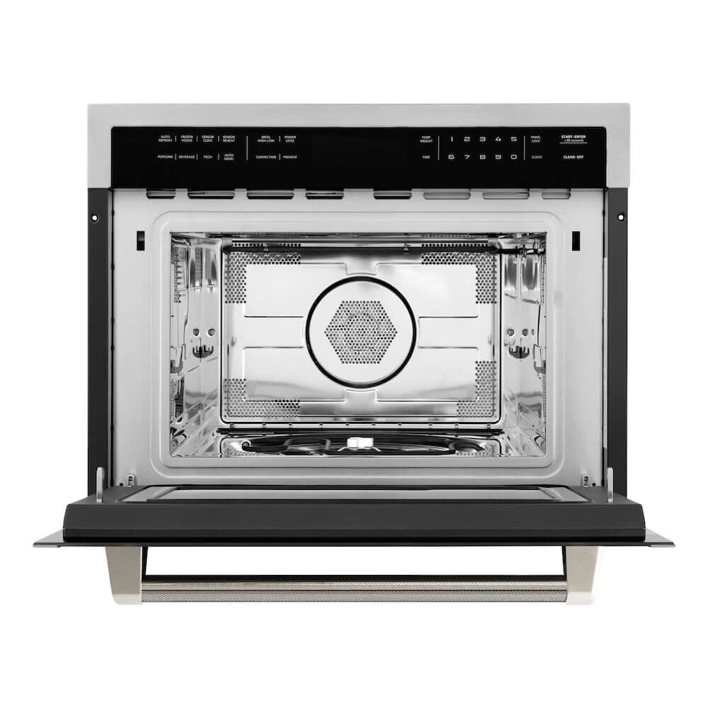 ZLINE Autograph Edition 24 in. 1.6 cu ft. Built-in Convection Microwave Oven in Stainless Steel and Polished Nickel Helix Handle (MWOZ-24-KPN) front, open.