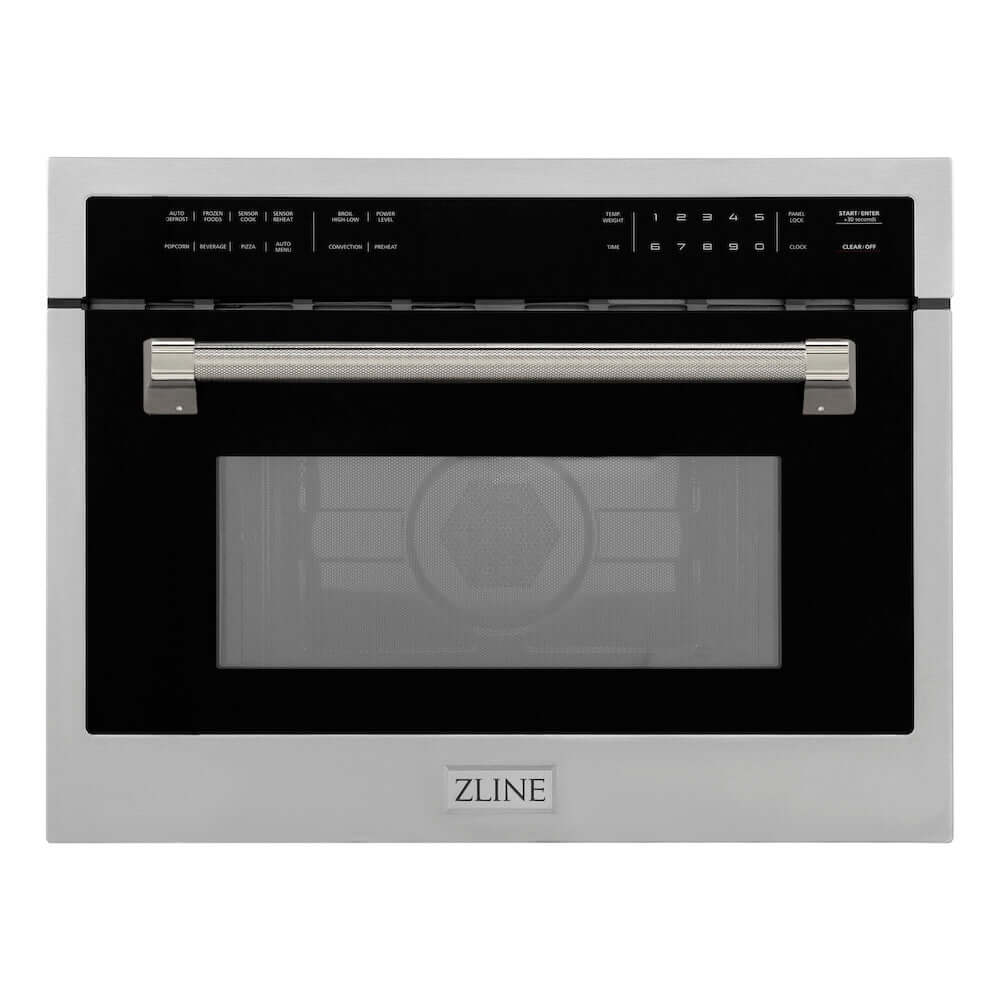 ZLINE Autograph Edition 24 in. 1.6 cu ft. Built-in Convection Microwave Oven in Stainless Steel and Polished Nickel Helix Handle (MWOZ-24-KPN) front.