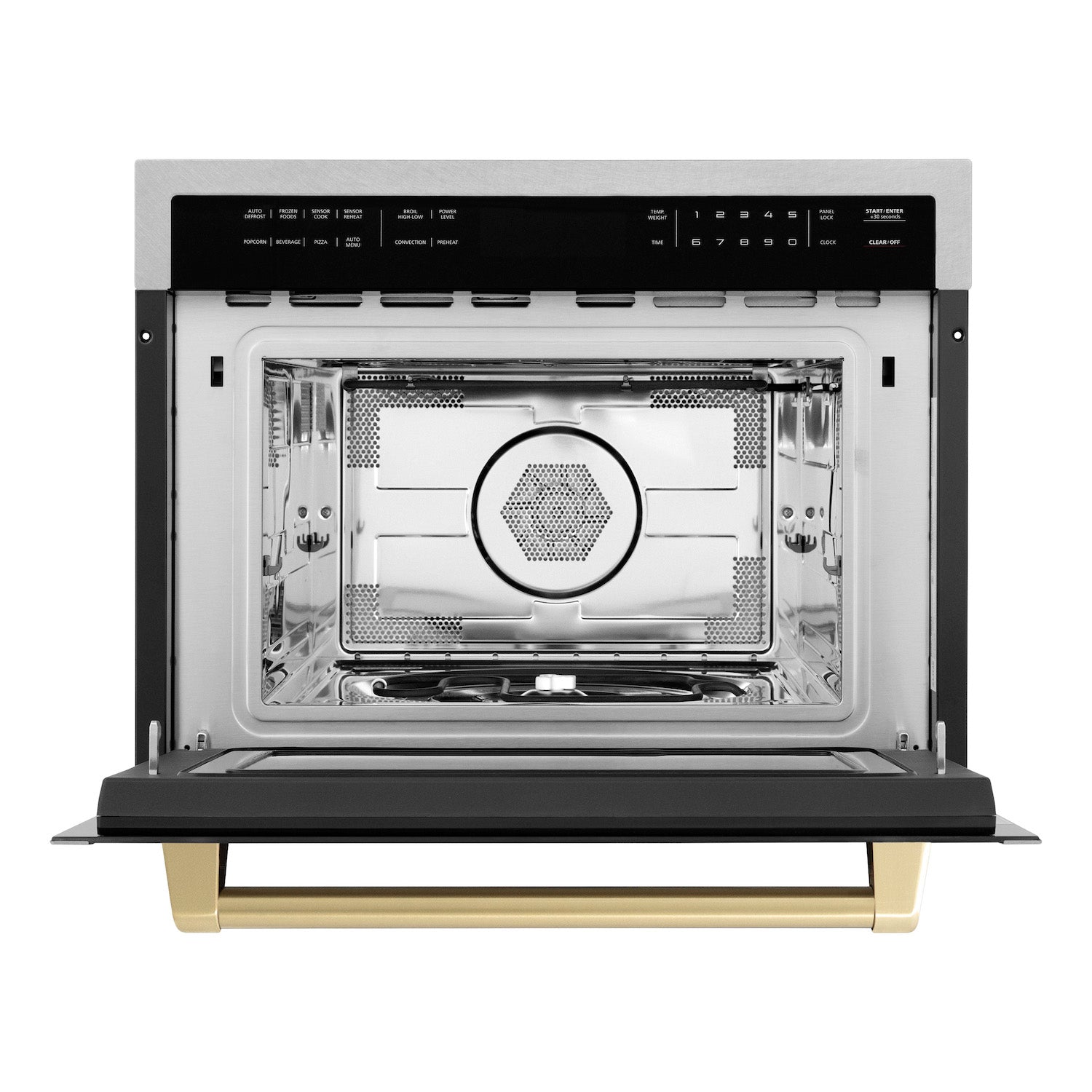 ZLINE Autograph Edition 24 in. 1.6 cu ft. Built-in Convection Microwave Oven in DuraSnow Stainless Steel with Champagne Bronze Accents front with door open.