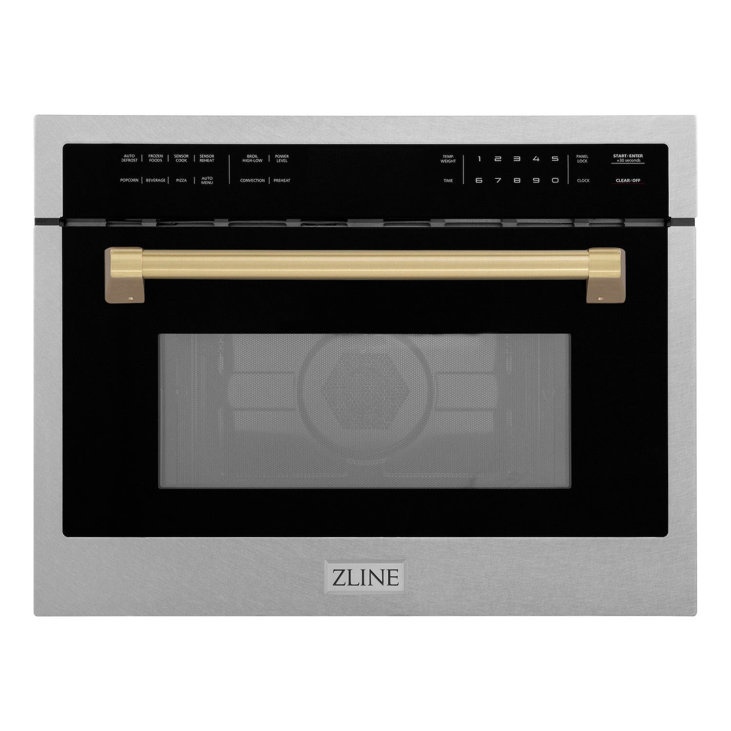 ZLINE Autograph Edition 24 in. 1.6 cu ft. Built-in Convection Microwave Oven in DuraSnow Stainless Steel with Champagne Bronze Accents front with door closed.