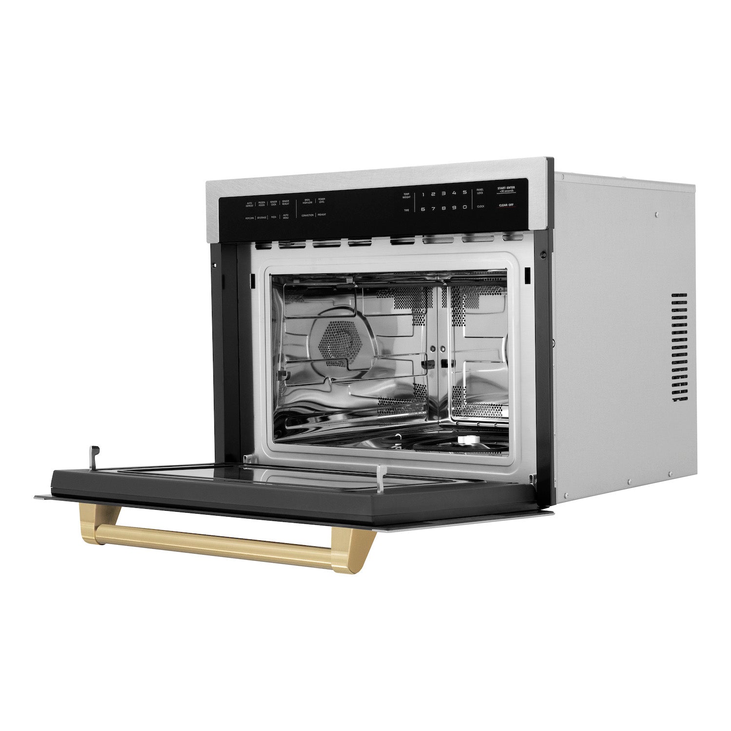 ZLINE Autograph Edition 24 in. 1.6 cu ft. Built-in Convection Microwave Oven in DuraSnow Stainless Steel with Champagne Bronze Accents side with door open.