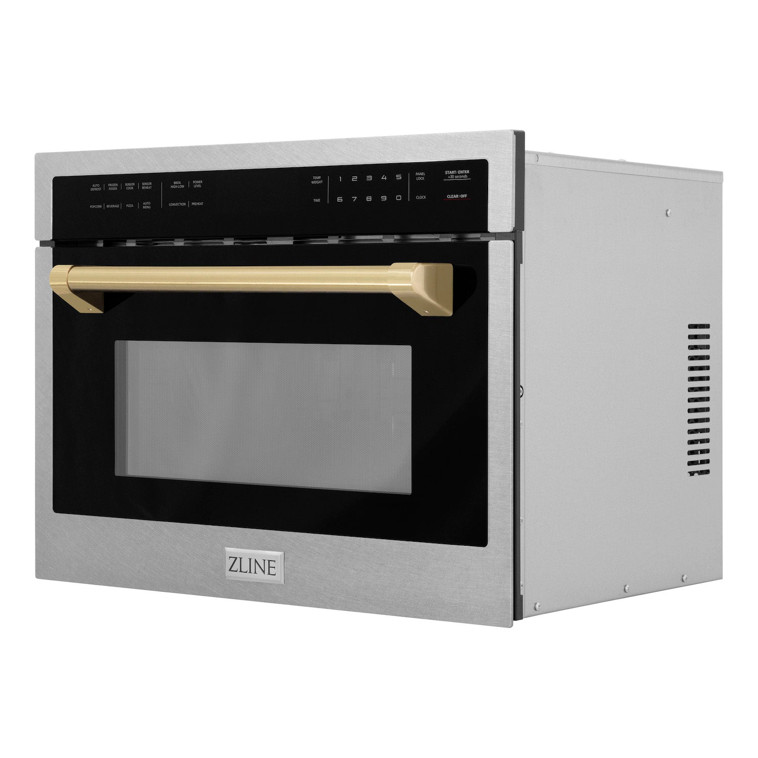 ZLINE Autograph Edition 24 in. 1.6 cu ft. Built-in Convection Microwave Oven in DuraSnow Stainless Steel with Champagne Bronze Accents side with door closed.