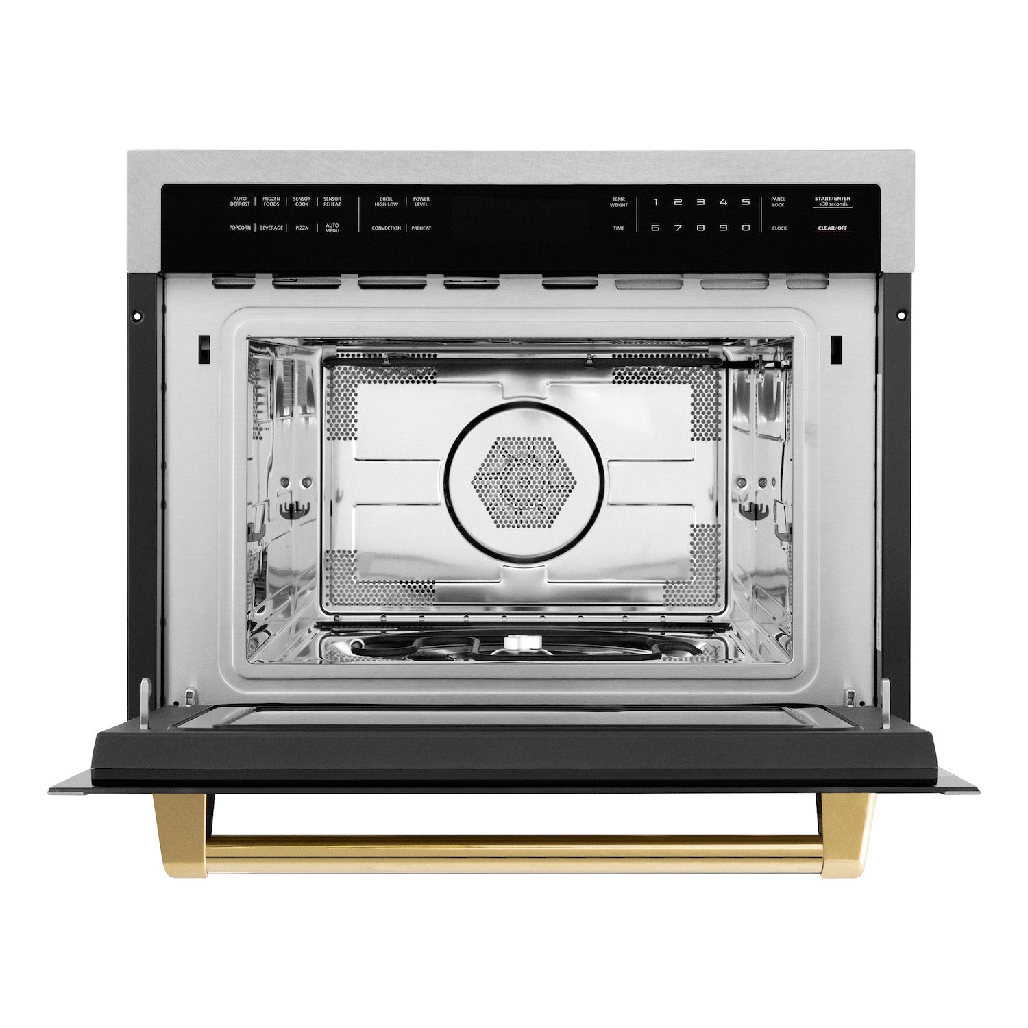 ZLINE Autograph Edition 24 in. 1.6 cu ft. Built-in Convection Microwave Oven in DuraSnow Stainless Steel with Polished Gold Accents front with door open.