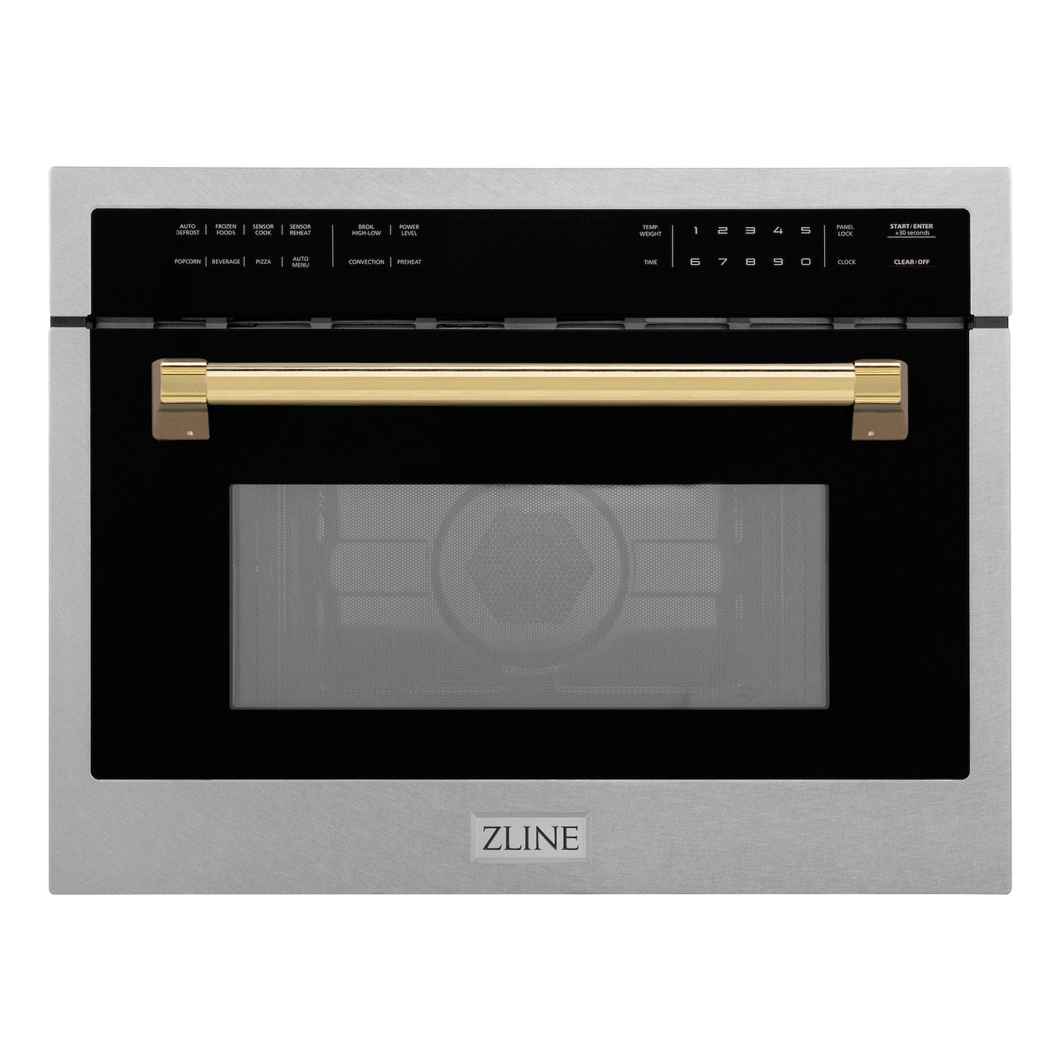 ZLINE Autograph Edition 24 in. 1.6 cu ft. Built-in Convection Microwave Oven in DuraSnow Stainless Steel with Polished Gold Accents front with door closed.