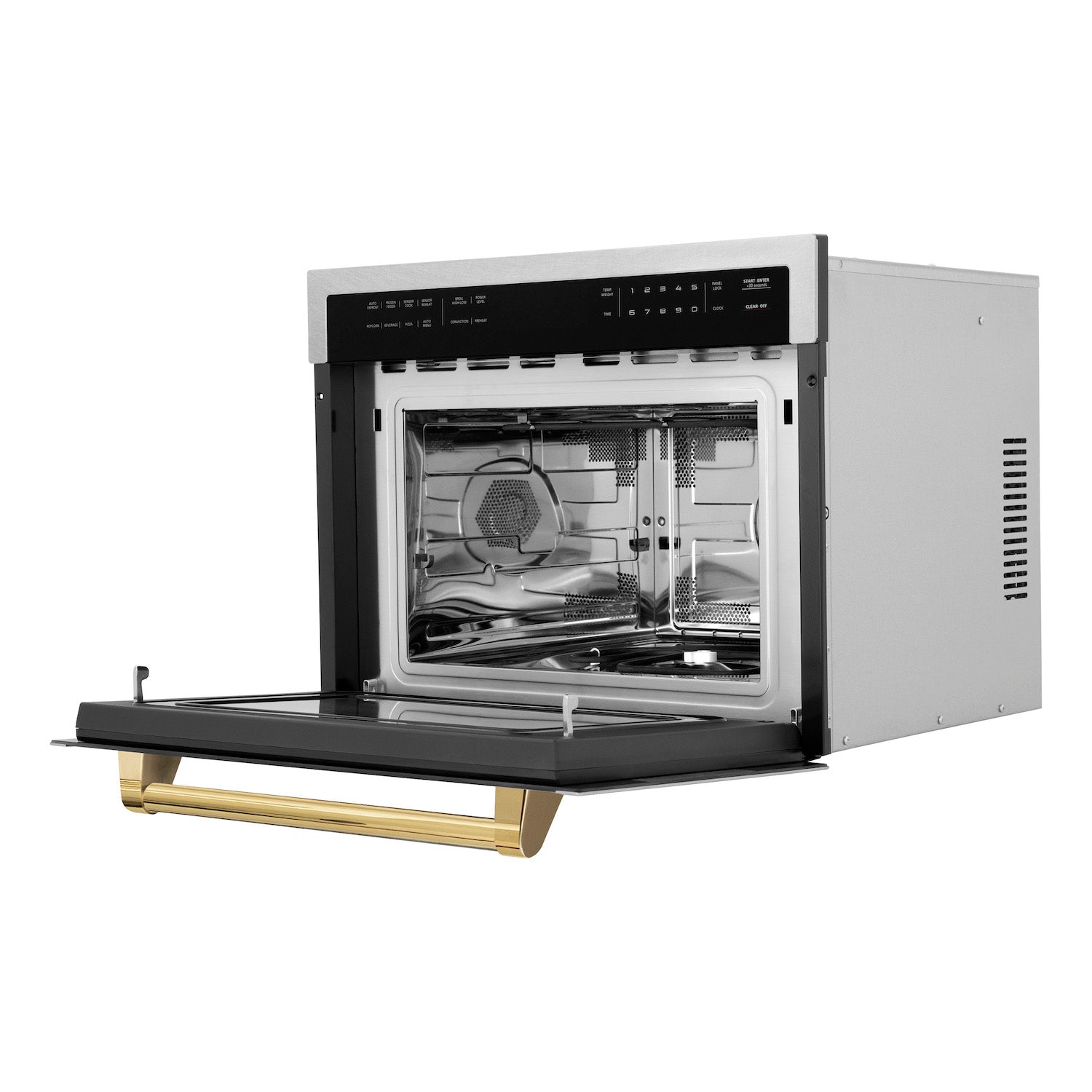 ZLINE Autograph Edition 24 in. 1.6 cu ft. Built-in Convection Microwave Oven in DuraSnow Stainless Steel with Polished Gold Accents side with door open.
