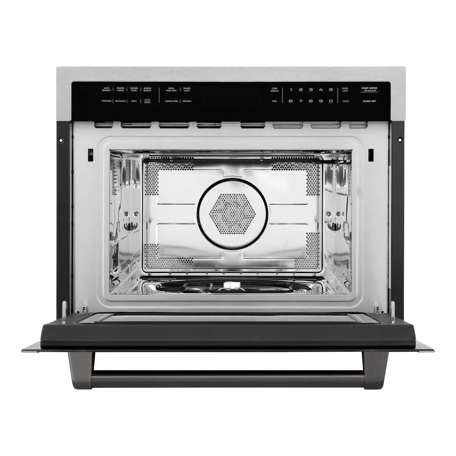 ZLINE Autograph Edition 24 in. 1.6 cu ft. Built-in Convection Microwave Oven in DuraSnow Stainless Steel with Matte Black Accents front with door open.