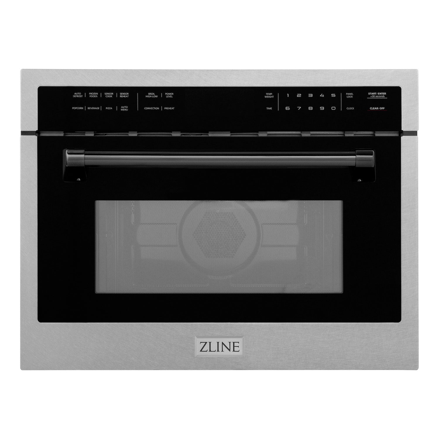 ZLINE Autograph Edition 24 in. 1.6 cu ft. Built-in Convection Microwave Oven in DuraSnow Stainless Steel with Matte Black Accents front with door closed.
