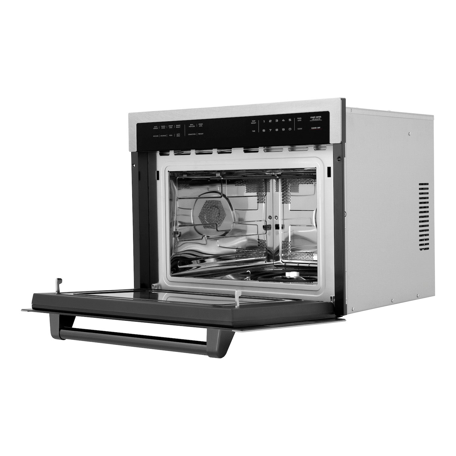 ZLINE Autograph Edition 24 in. 1.6 cu ft. Built-in Convection Microwave Oven in DuraSnow Stainless Steel with Matte Black Accents side with door open.