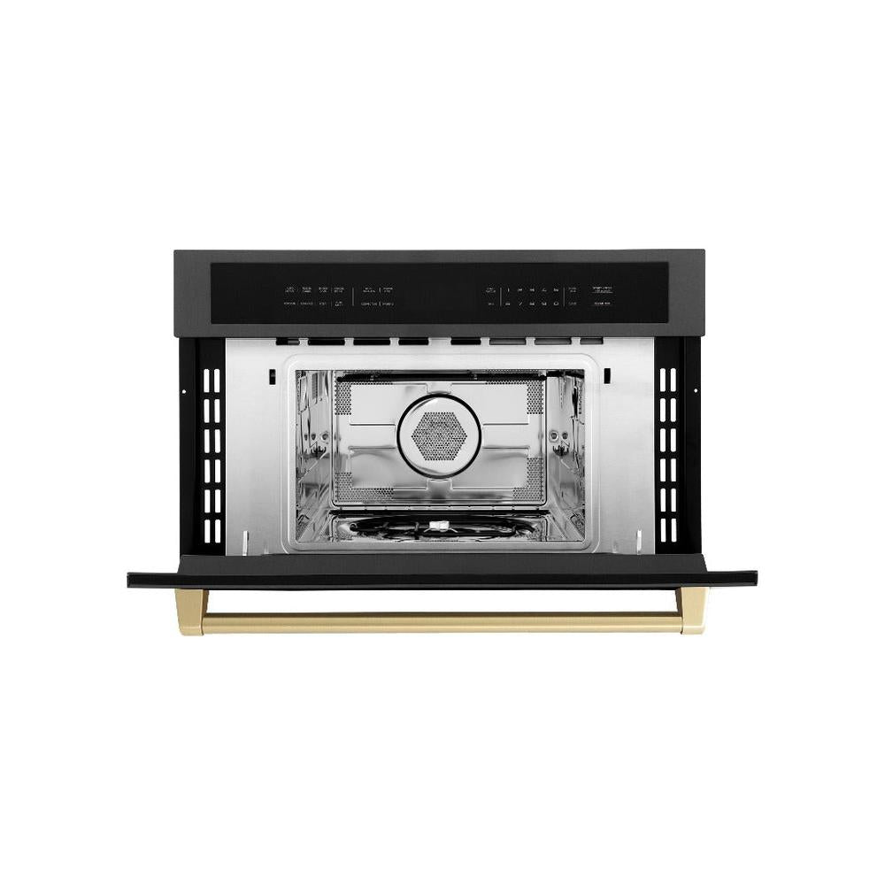 ZLINE Autograph Edition 30 in. 1.6 cu ft. Built-in Convection Microwave Oven in Black Stainless Steel with Champagne Bronze Accents (MWOZ-30-BS-CB) front, open.