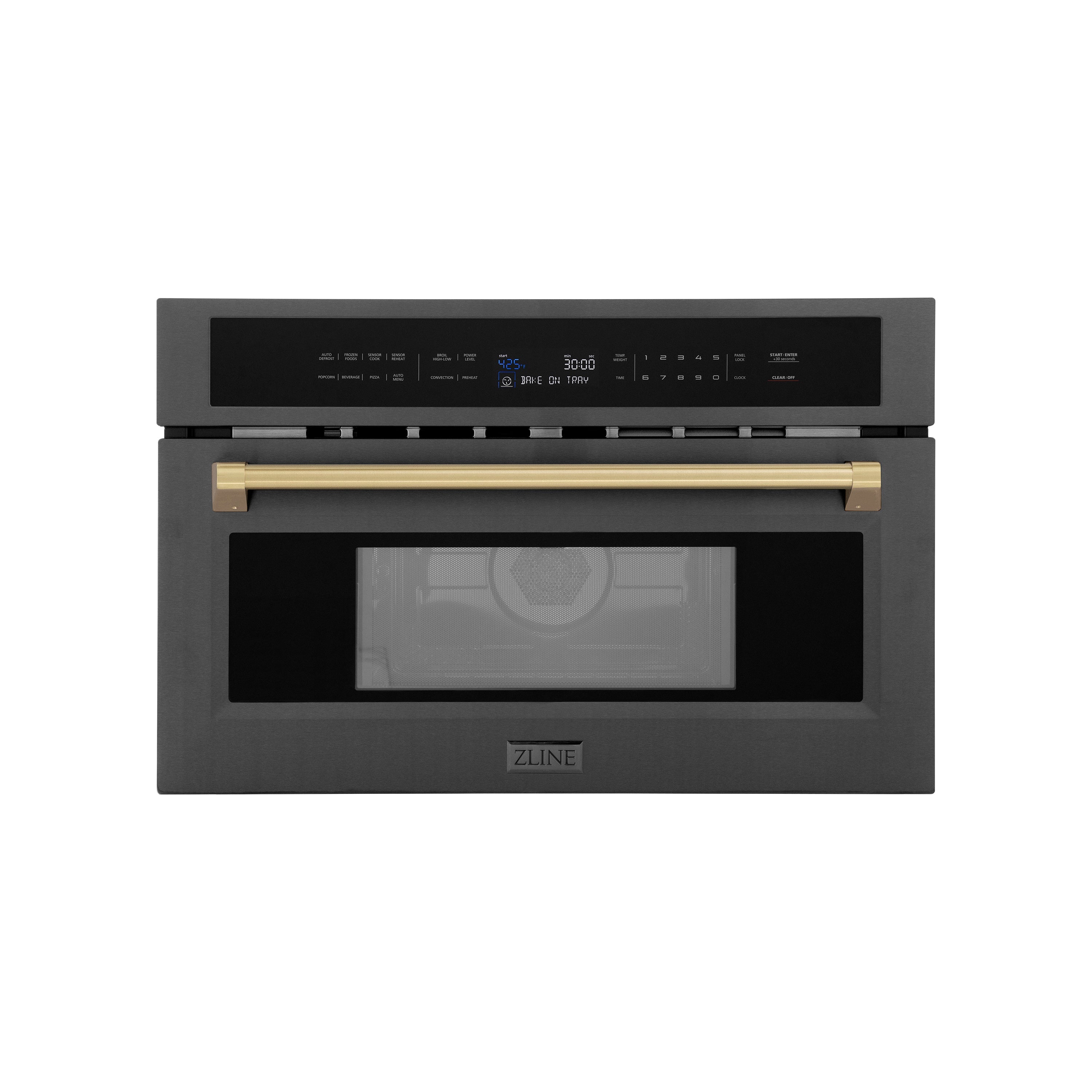 ZLINE Autograph Edition 30 in. 1.6 cu ft. Built-in Convection Microwave Oven in Black Stainless Steel with Champagne Bronze Accents (MWOZ-30-BS-CB) Front View Door Closed