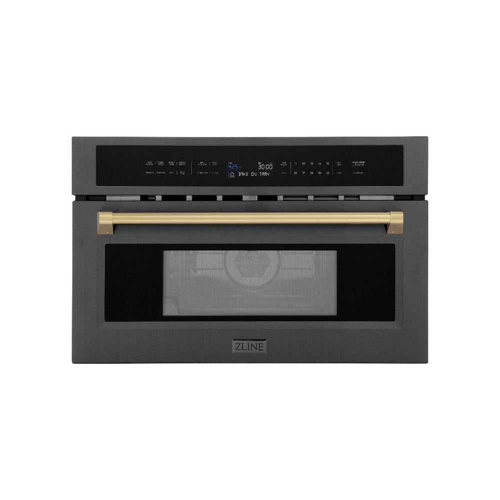 ZLINE Autograph Edition 30 in. 1.6 cu ft. Built-in Convection Microwave Oven in Black Stainless Steel with Champagne Bronze Accents (MWOZ-30-BS-CB) front, closed.
