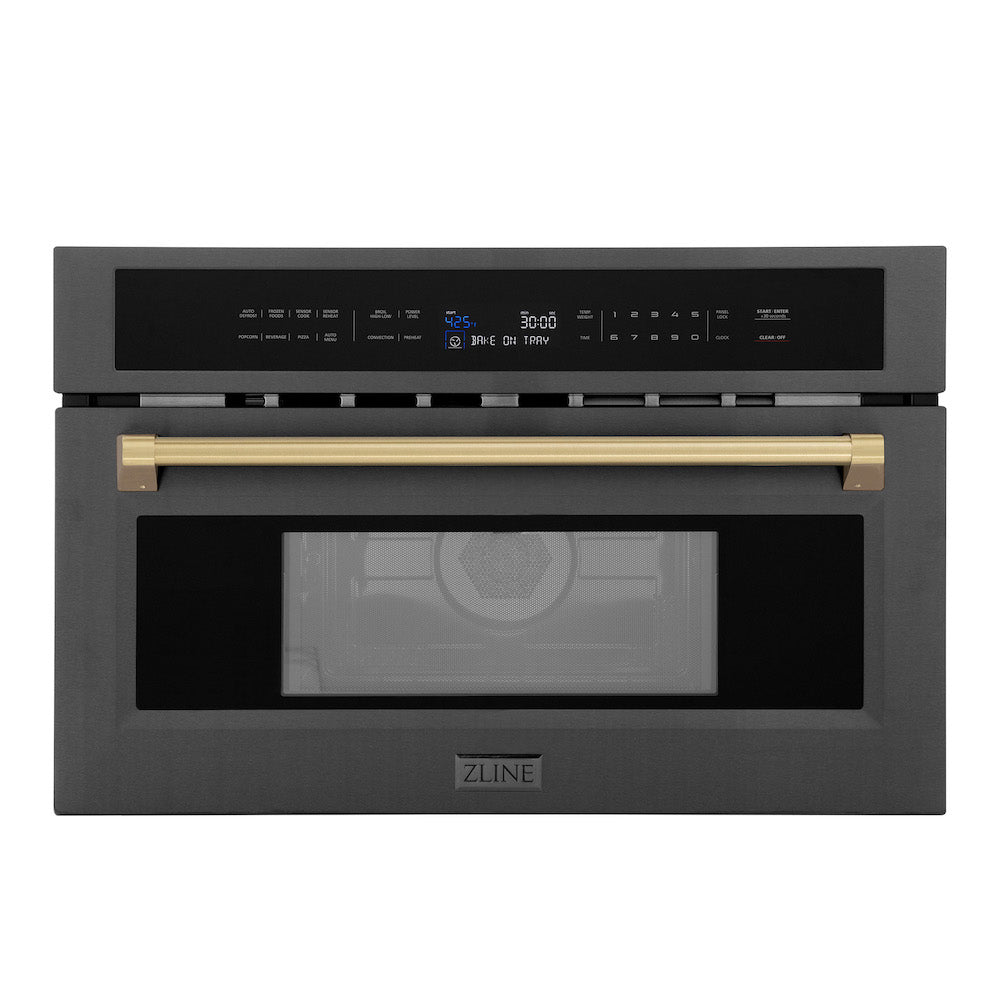 ZLINE Autograph Edition 30 in. 1.6 cu ft. Built-in Convection Microwave Oven in Black Stainless Steel with Champagne Bronze Accents (MWOZ-30-BS-CB) main image.